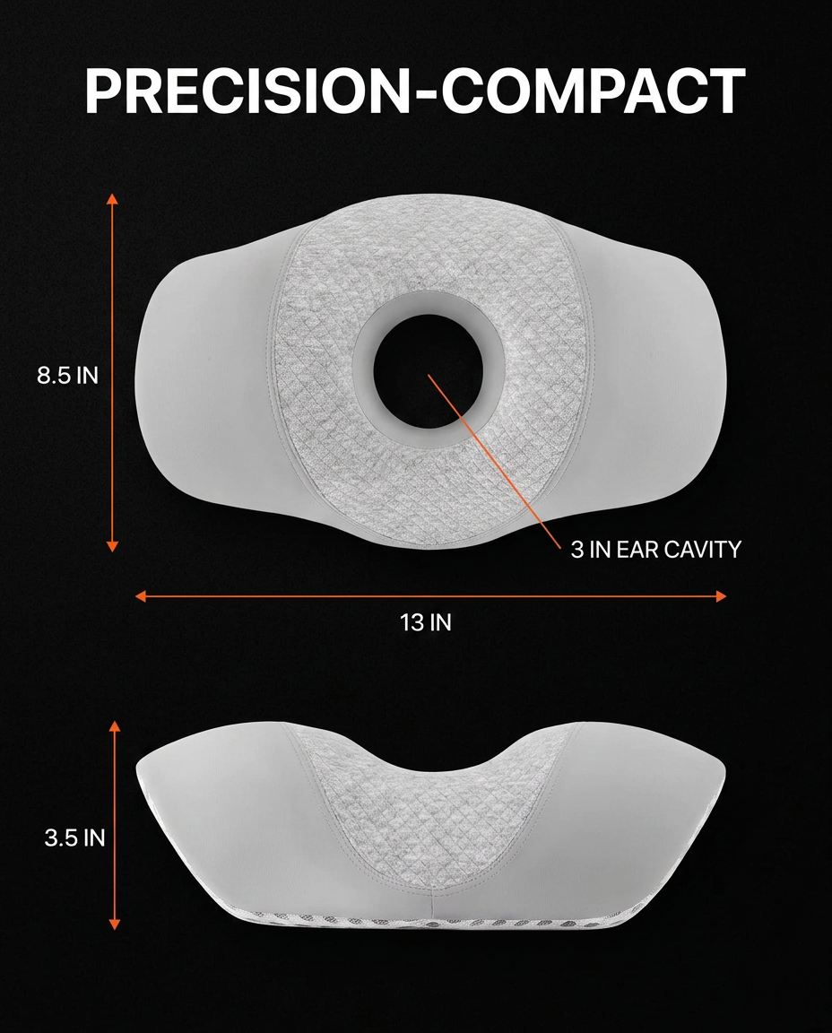 Size infographic for the ear pillow: 13 by 8.5 inches with a 3 inch ear cavity