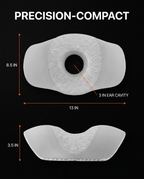 Size infographic for the ear pillow: 13 by 8.5 inches with a 3 inch ear cavity