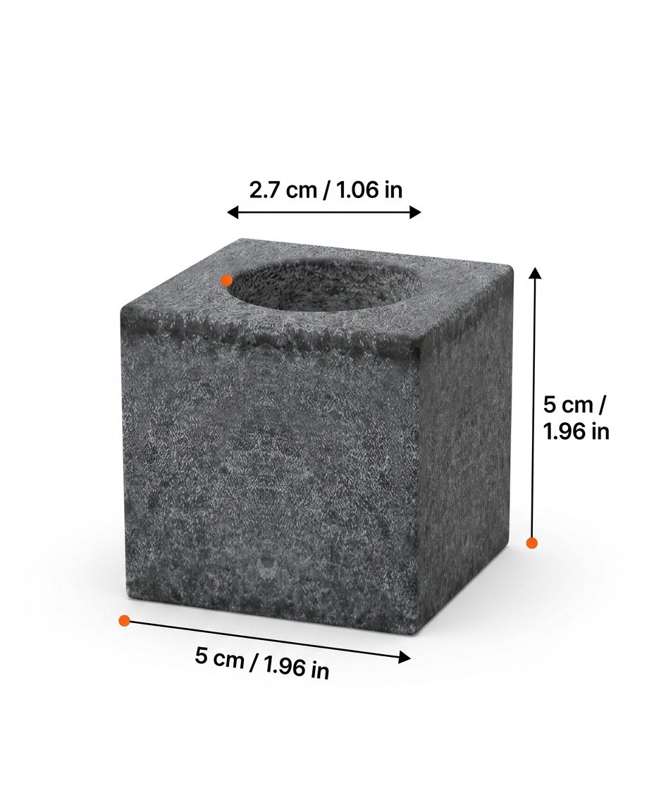 Dimensions diagram of the granite oil holder cube in inches and centimeters