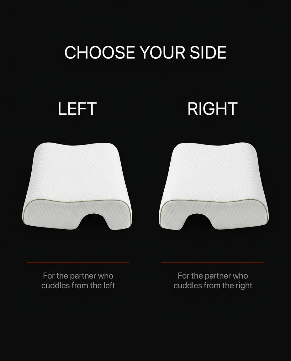 Choose-your-side guide comparing left and right orientations of the couples pillow