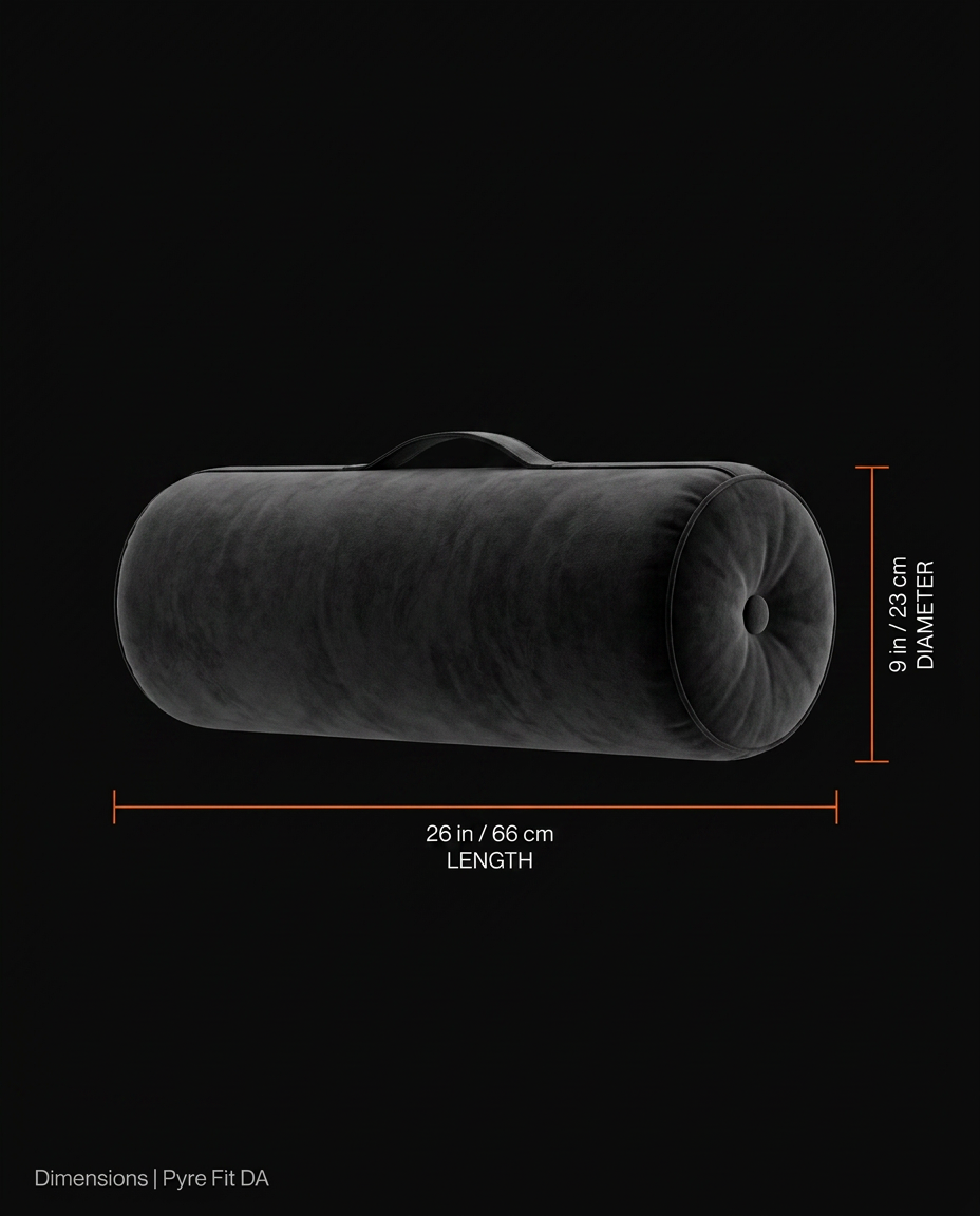 Size infographic showing the bolster length and diameter in inches and cm