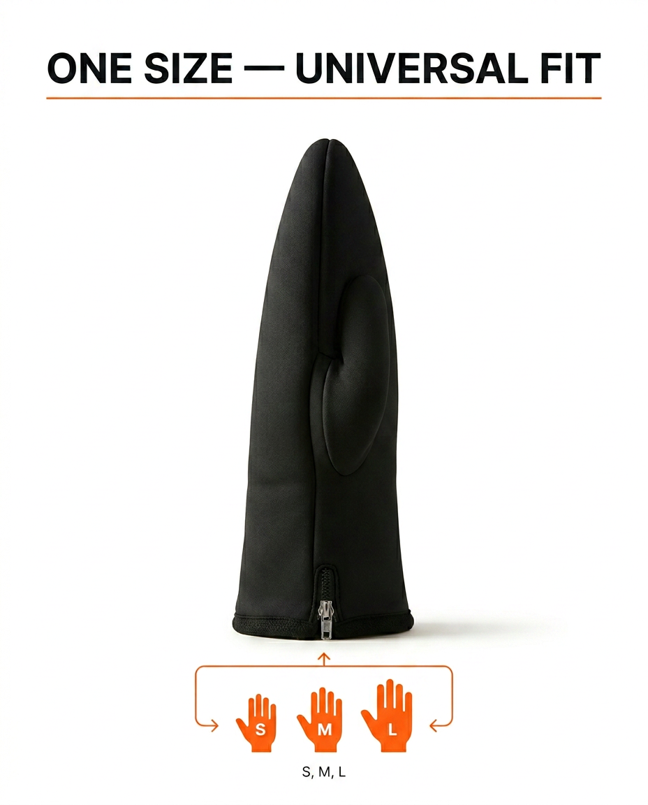 Universal fit infographic showing the glove fits small to large hands