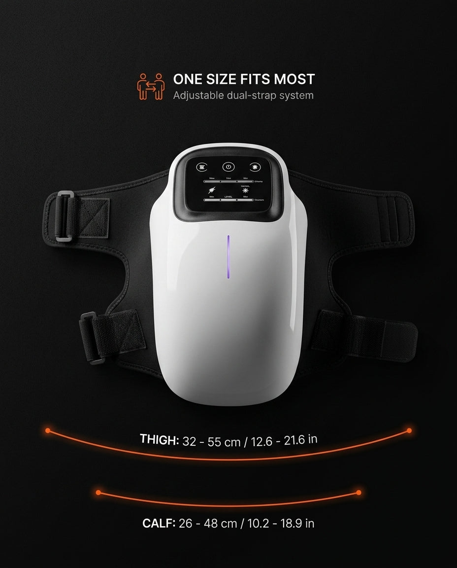 Knee massager fit guide showing universal thigh and calf strap measurements