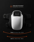 Knee massager fit guide showing universal thigh and calf strap measurements