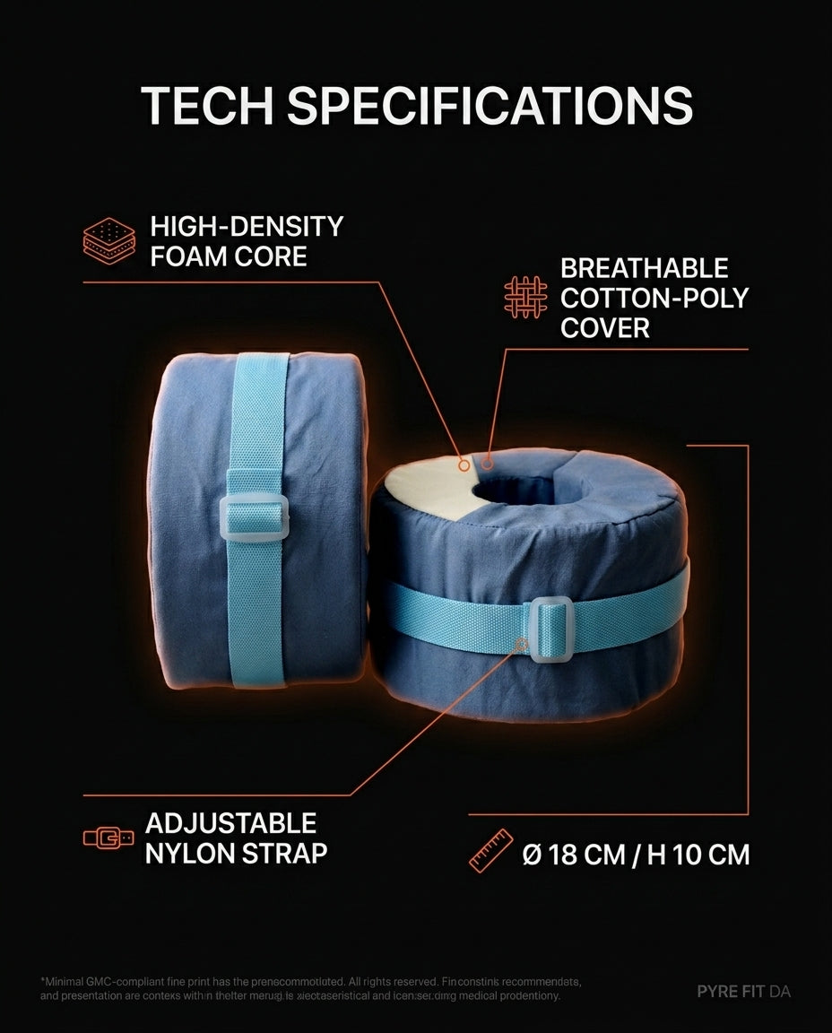 Tech specs of the ankle cushion: foam core, cotton-poly cover, nylon strap, size