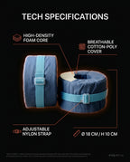 Tech specs of the ankle cushion: foam core, cotton-poly cover, nylon strap, size