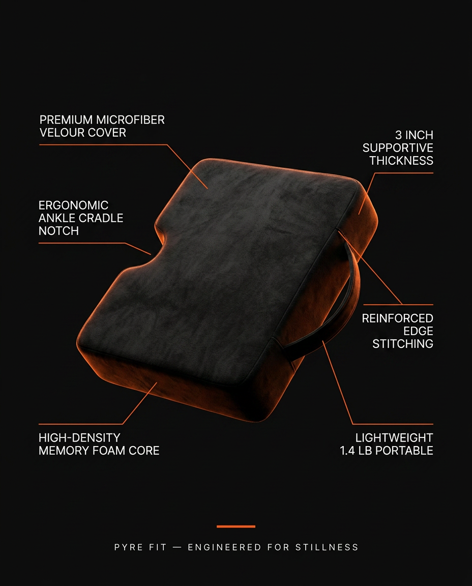 Specs infographic labeling the memory foam prayer kneeling cushion features