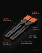 Pilates board specs: 47 in long, folds to 24 in, 11 lb, 330 lb limit