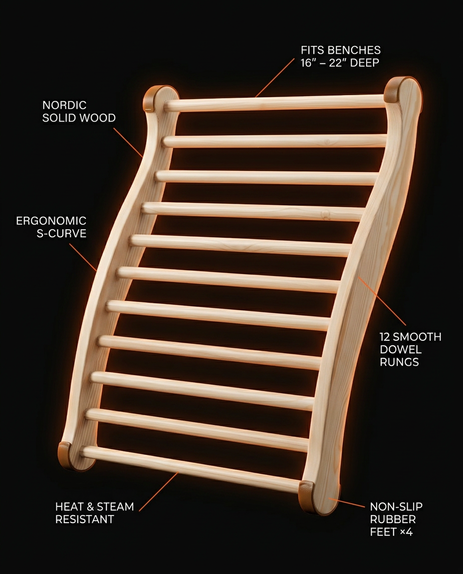 Specs infographic labeling the sauna backrest's Nordic wood, S-curve and rungs