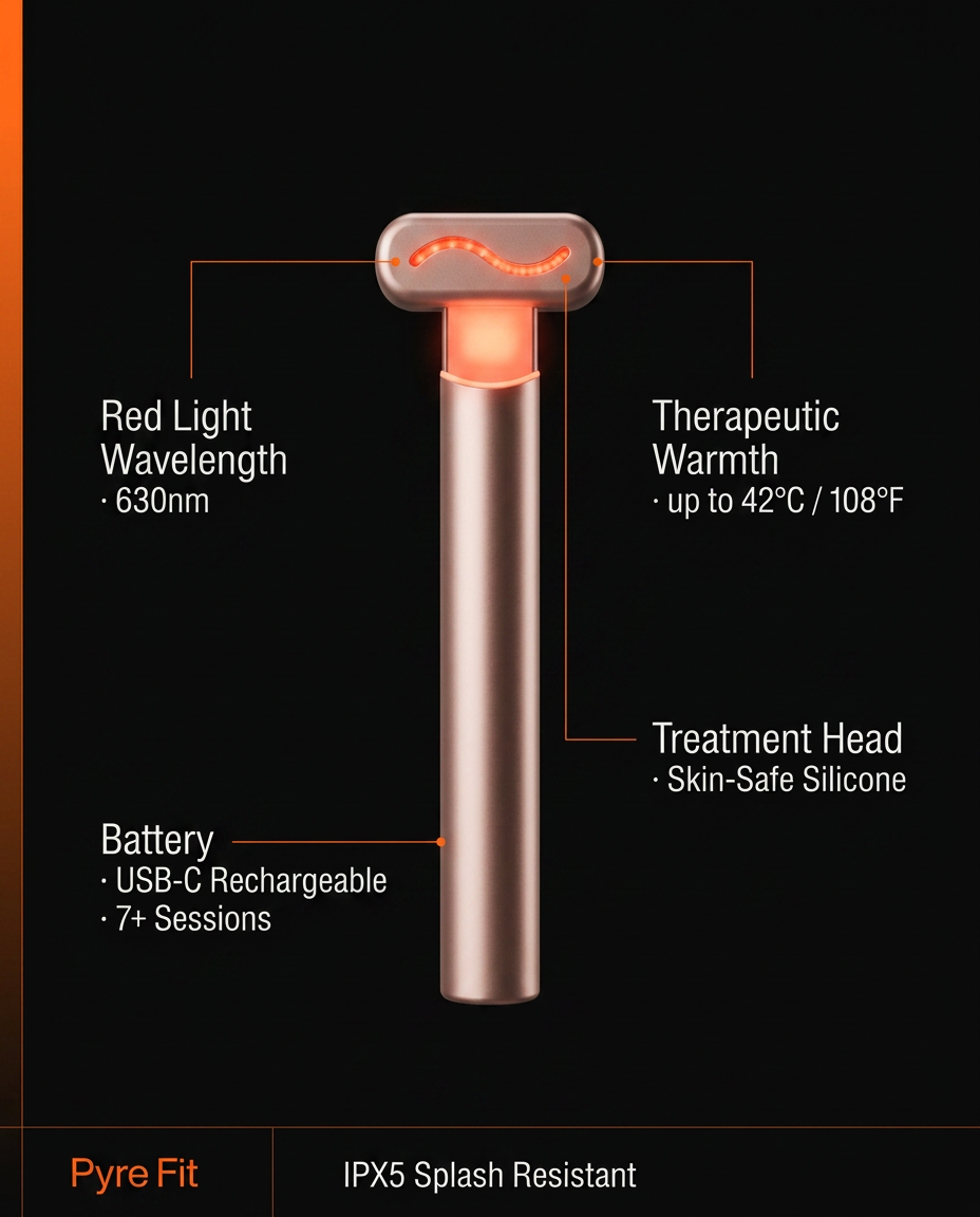 Specs infographic for the red light wand: red light, soothing warmth, USB-C, IPX5