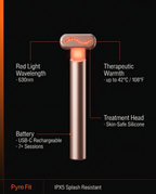 Specs infographic for the red light wand: red light, soothing warmth, USB-C, IPX5