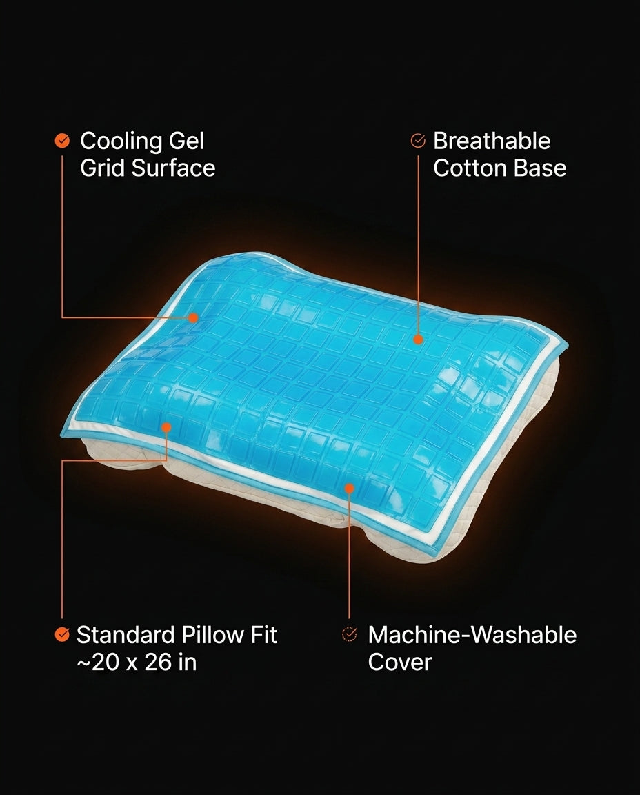 Infographic of the cooling pillow cover's gel surface, cotton base and washable design