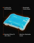 Infographic of the cooling pillow cover's gel surface, cotton base and washable design