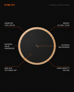 Top-down specs of the 14-inch balance board: weight, 360-degree rotation, 300 lb capacity