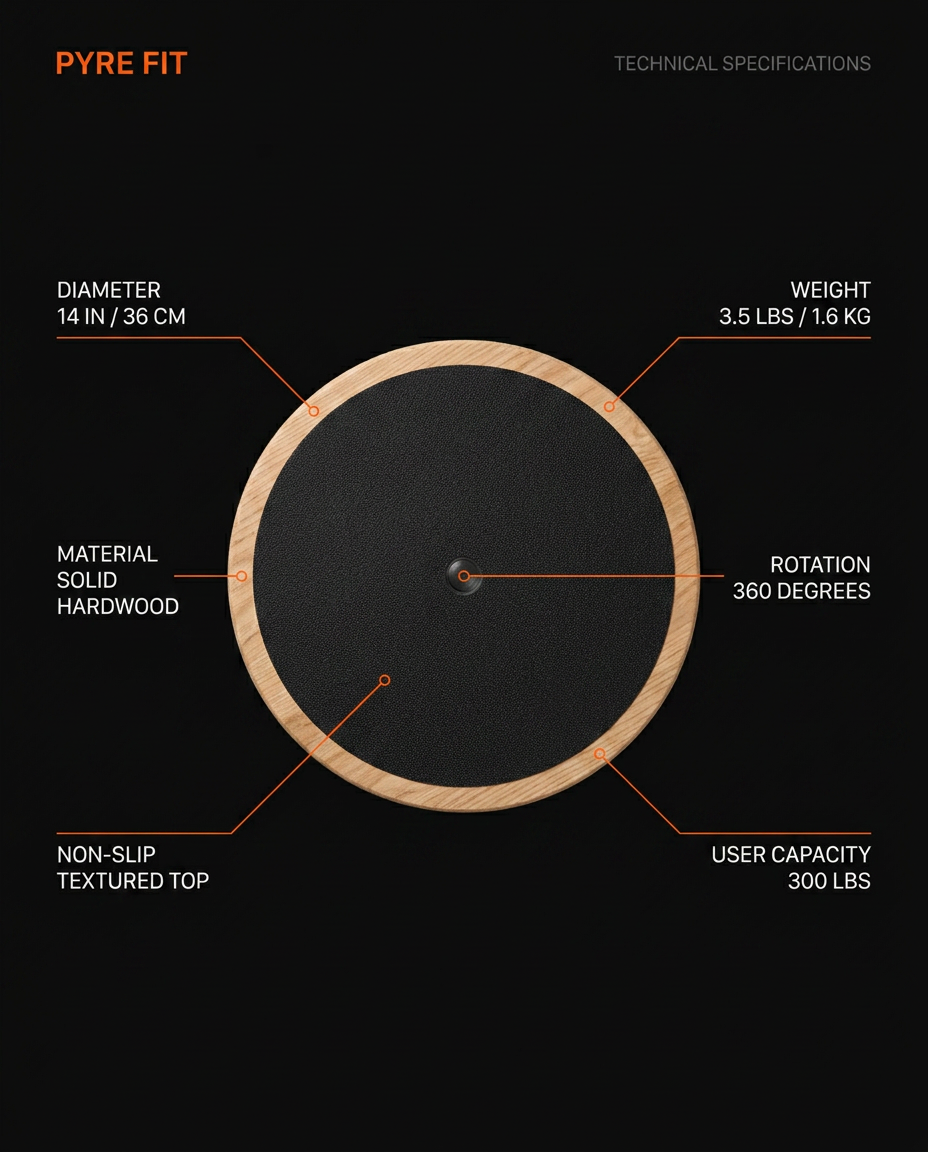 Top-down specs of the 14-inch balance board: weight, 360-degree rotation, 300 lb capacity