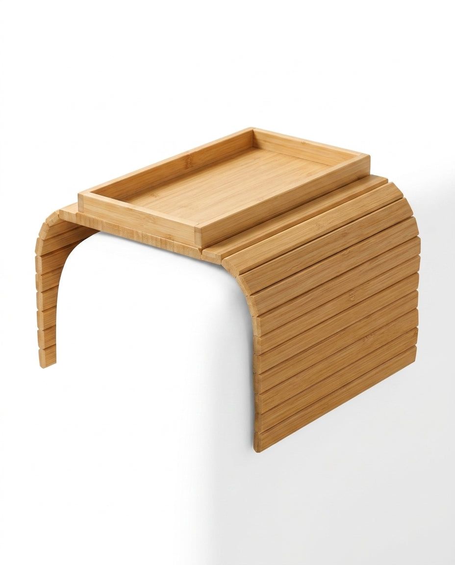 Slatted bamboo arm tray draped over an armrest, square tray on top