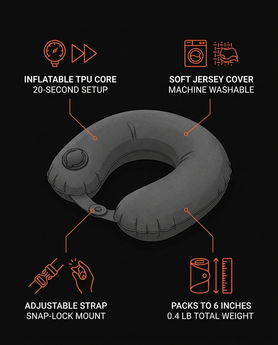 Infographic detailing the travel pillow's TPU core, jersey cover and pack size