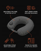 Infographic detailing the travel pillow's TPU core, jersey cover and pack size