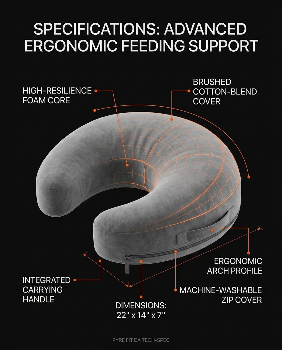 Feeding pillow tech specs with labeled foam core, cover and handle