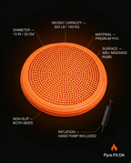 Tech spec infographic of the orange balance disc with weight capacity and pump