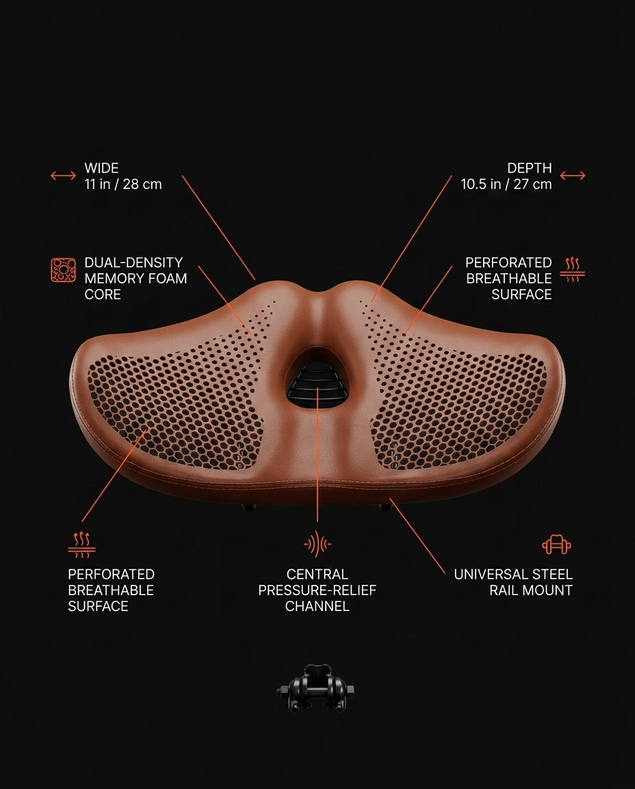 Tech specs infographic of the bike saddle with dimensions and labeled features