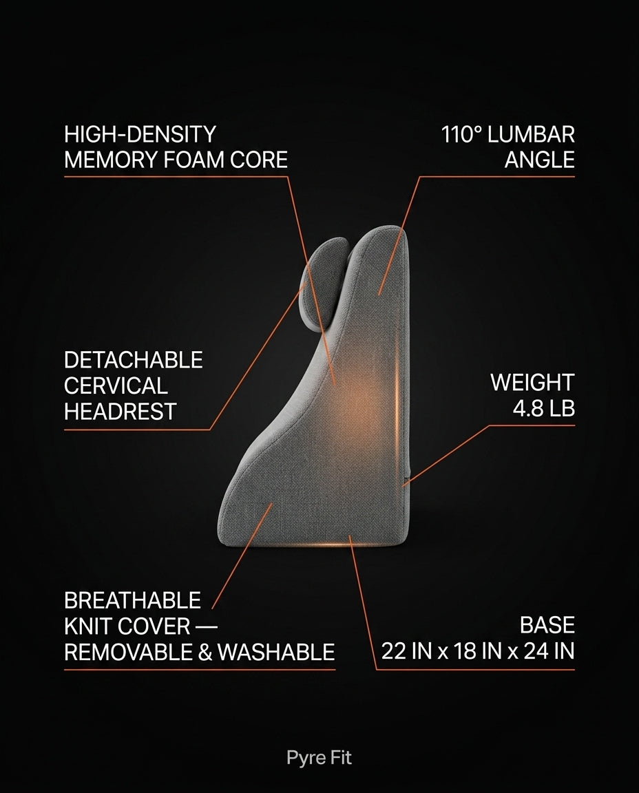 Tech spec infographic of wedge pillow: memory foam, 110-degree angle, dimensions