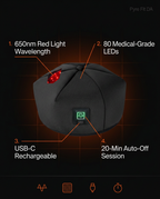 Tech spec infographic for the red light red light hair and scalp cap