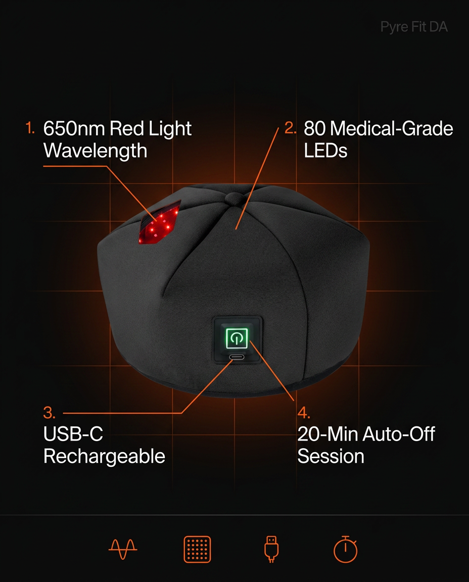Tech spec infographic for the red light red light hair and scalp cap