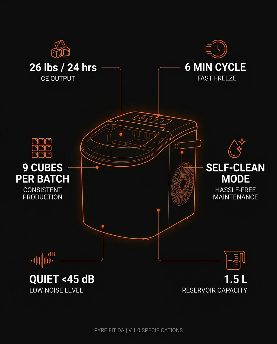 Spec infographic: 26 lbs daily, 6-min cycle, 9 cubes, self-clean, under 45 dB
