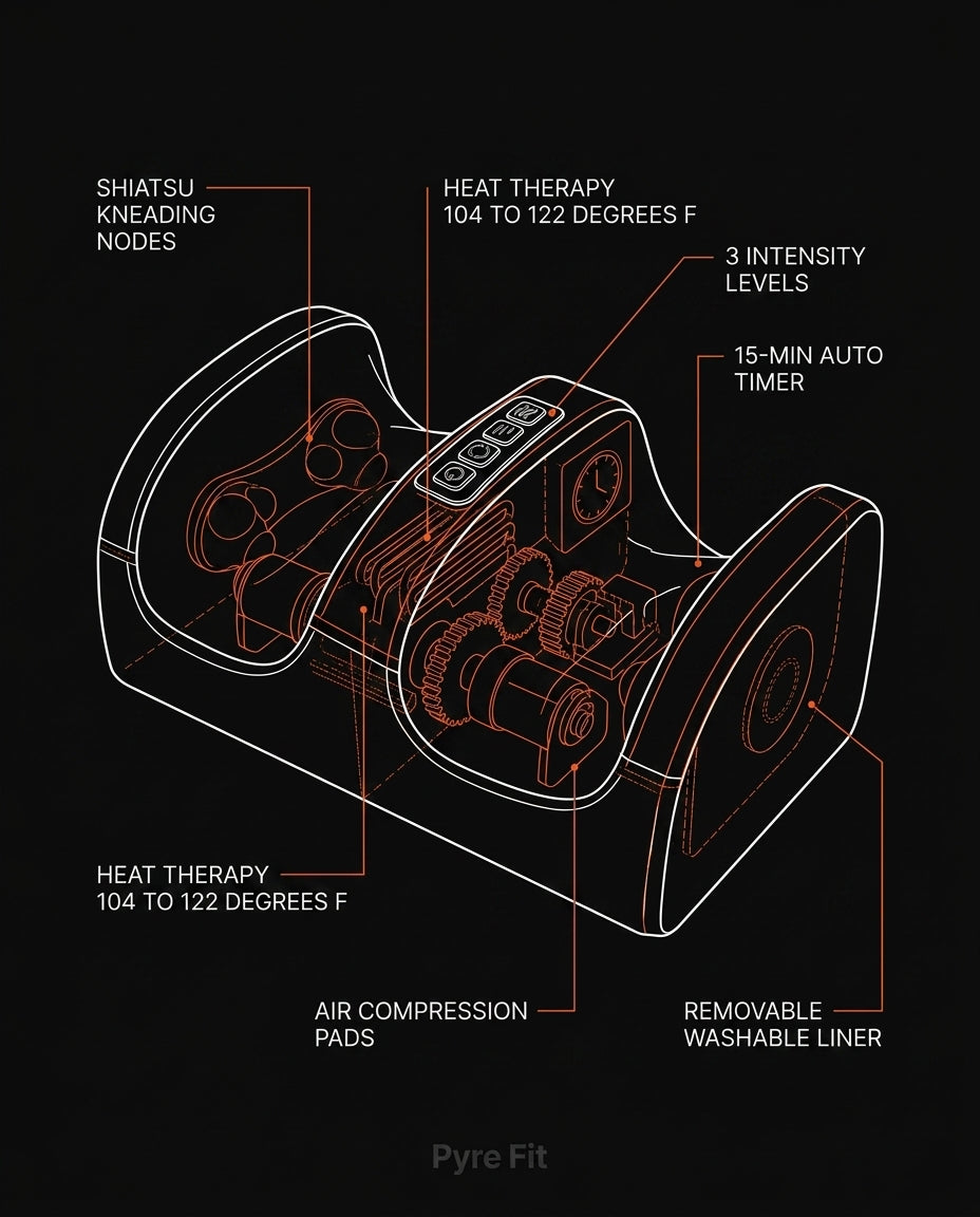 Cutaway infographic showing the foot massager's internal mechanism