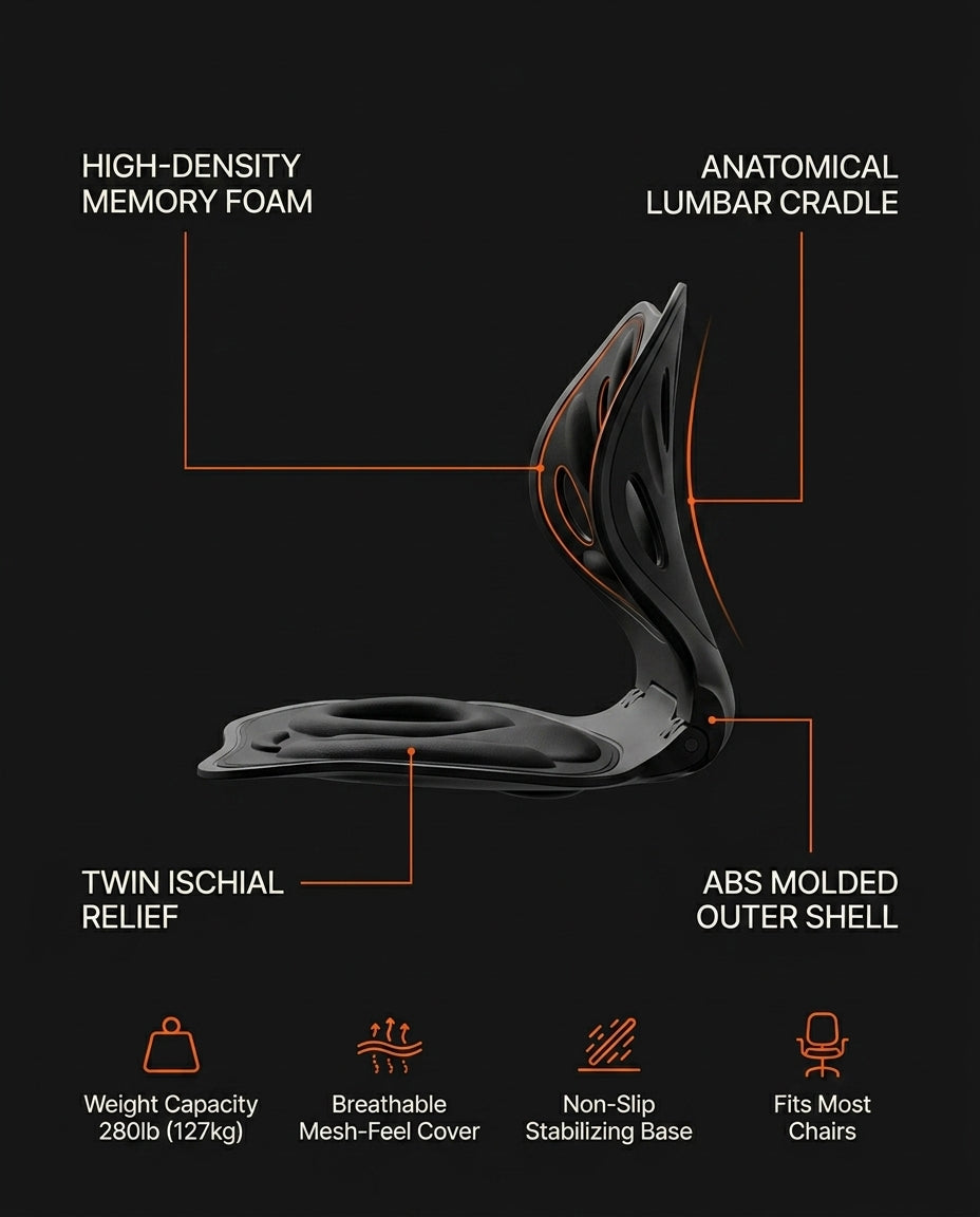 Posture seat tech specs: memory foam, lumbar cradle, 280 lb capacity, ABS shell