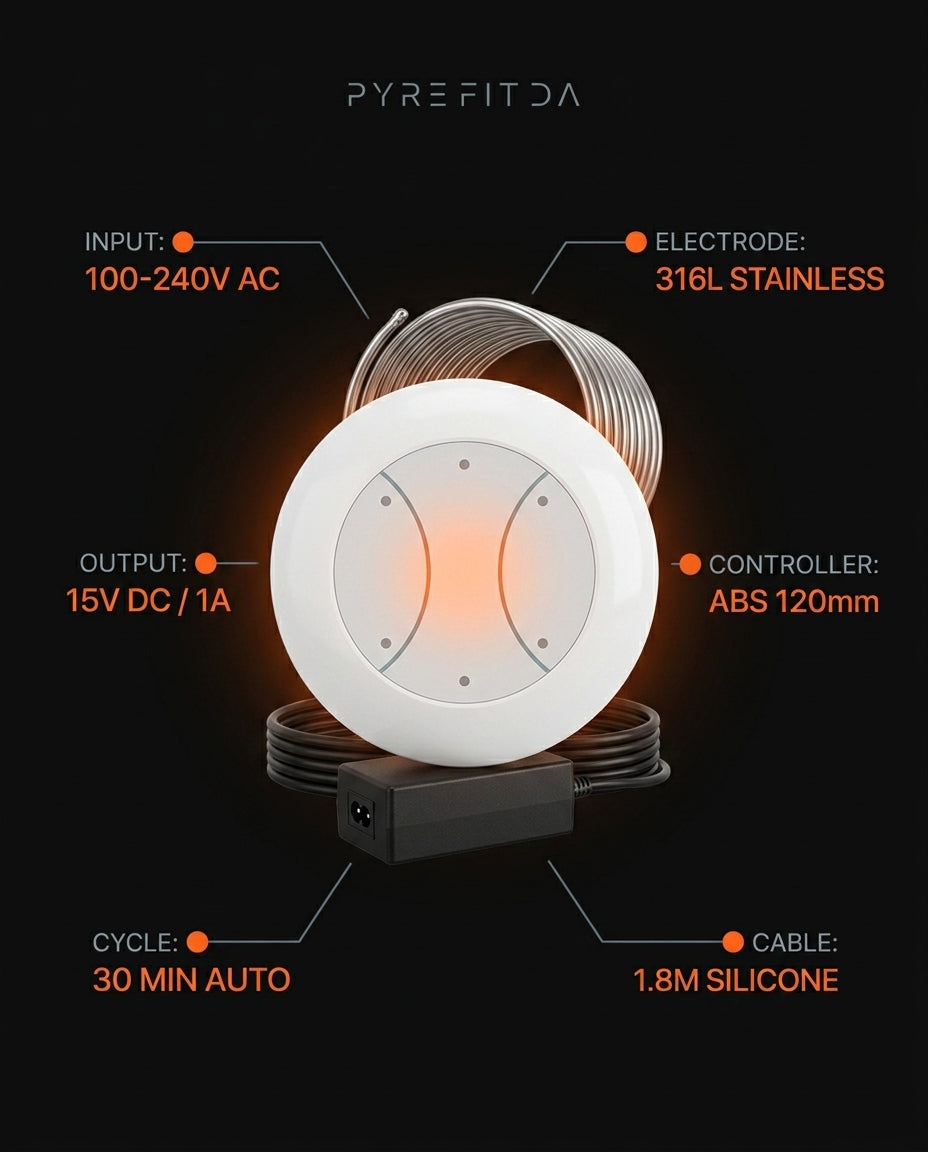 Tech specs infographic of the foot spa input, electrode and cable
