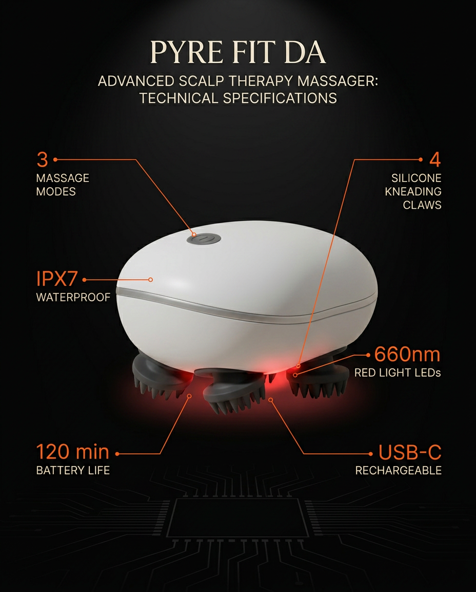 Tech specs infographic for the scalp massager: 3 modes, IPX7, red light LEDs, USB-C