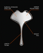 Tech specs infographic: 304 stainless steel facial tool, mirror polish, 110mm, 78g