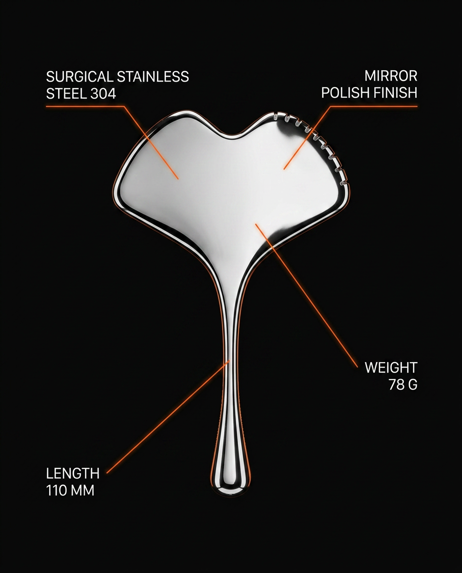 Tech specs infographic: 304 stainless steel facial tool, mirror polish, 110mm, 78g