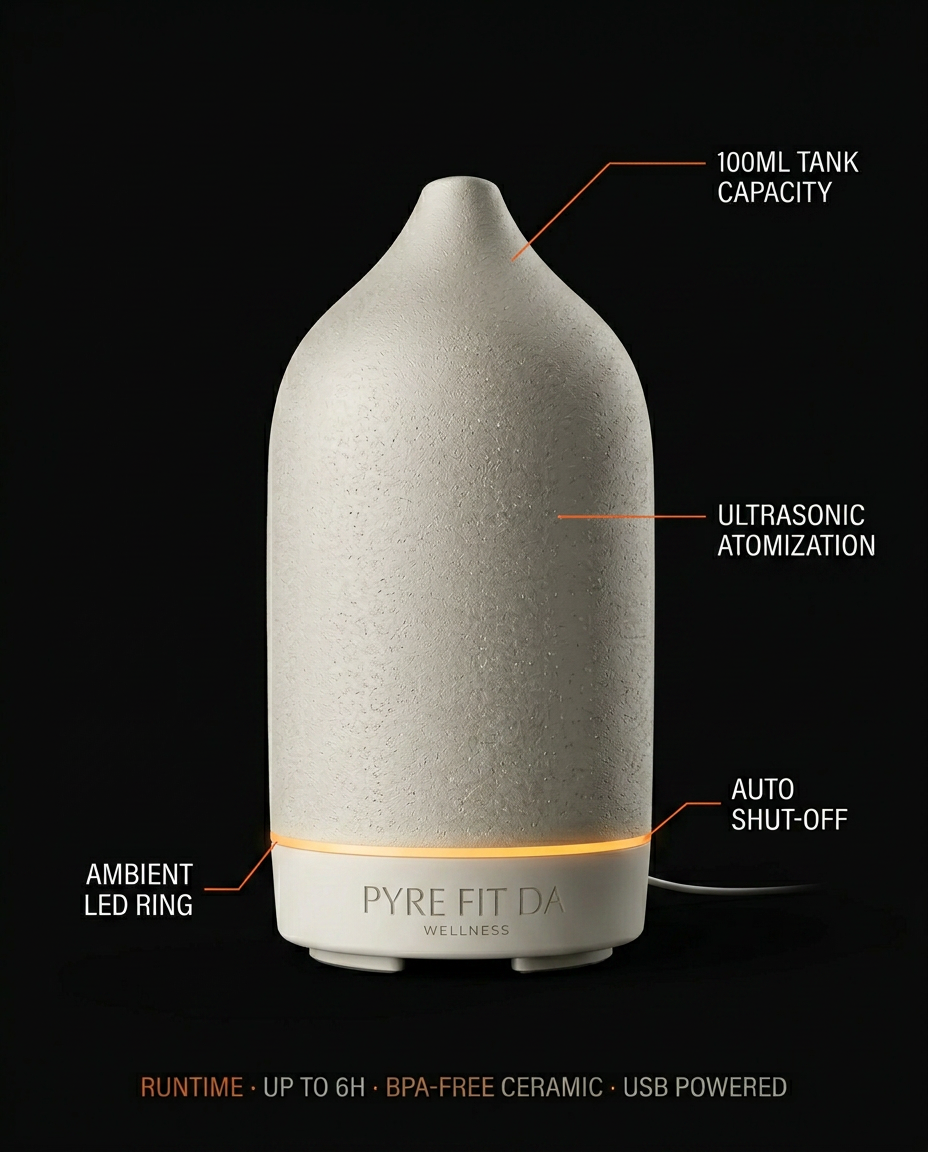Specs infographic for the ceramic diffuser showing tank, mist, and LED ring