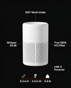 Air purifier specs: 360 mesh intake, 28 dB, True HEPA H13, USB-C powered