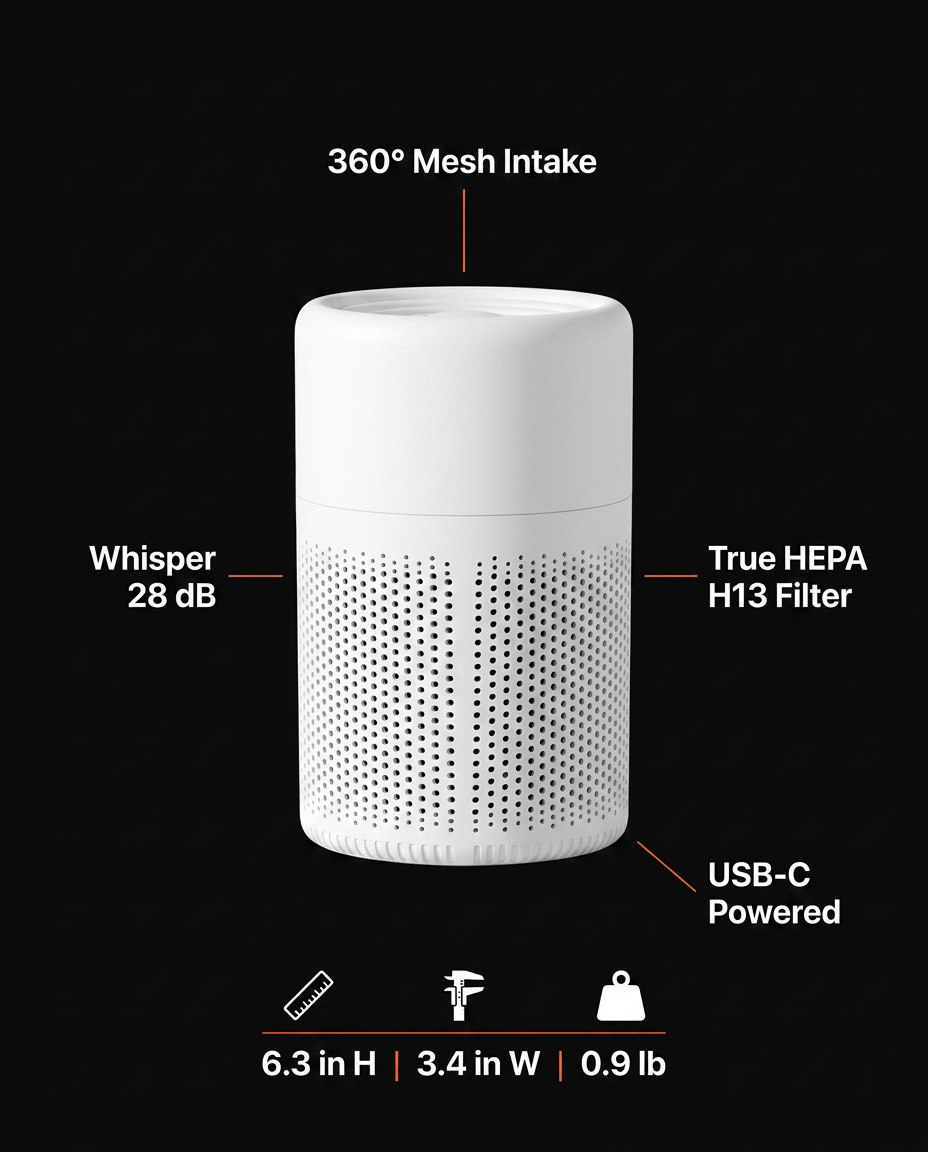 Air purifier specs: 360 mesh intake, 28 dB, True HEPA H13, USB-C powered