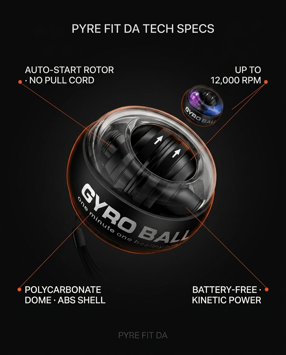 Tech specs of the gyro ball: auto-start rotor, 12,000 RPM, battery-free power