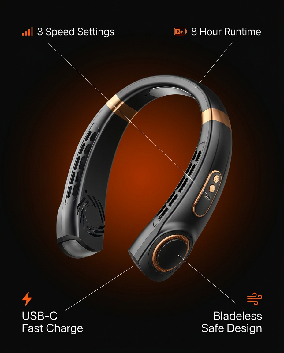 Tech specs infographic for the neck fan: 3 speeds, 8-hour runtime, bladeless design