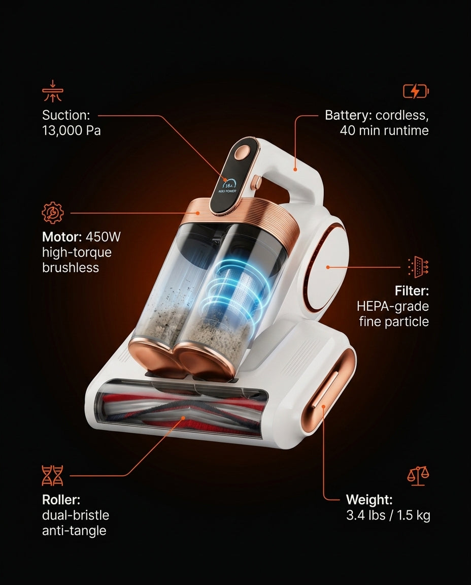 Spec infographic listing 13,000Pa suction, 450W motor, HEPA filter and weight