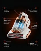 Spec infographic listing 13,000Pa suction, 450W motor, HEPA filter and weight