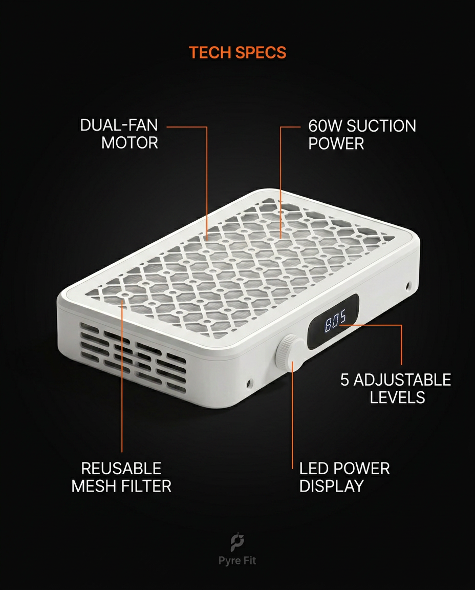Spec callouts for the nail dust collector: dual-fan 60W suction, mesh filter, LED