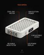 Spec callouts for the nail dust collector: dual-fan 60W suction, mesh filter, LED