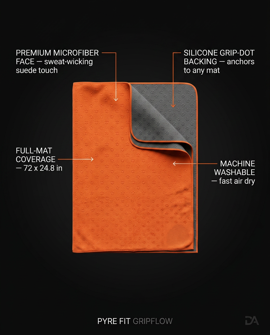 Yoga towel tech specs infographic with microfiber and grip-dot feature callouts
