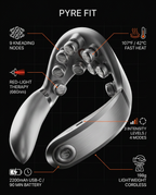 Tech specs infographic for the heated neck massager features and battery