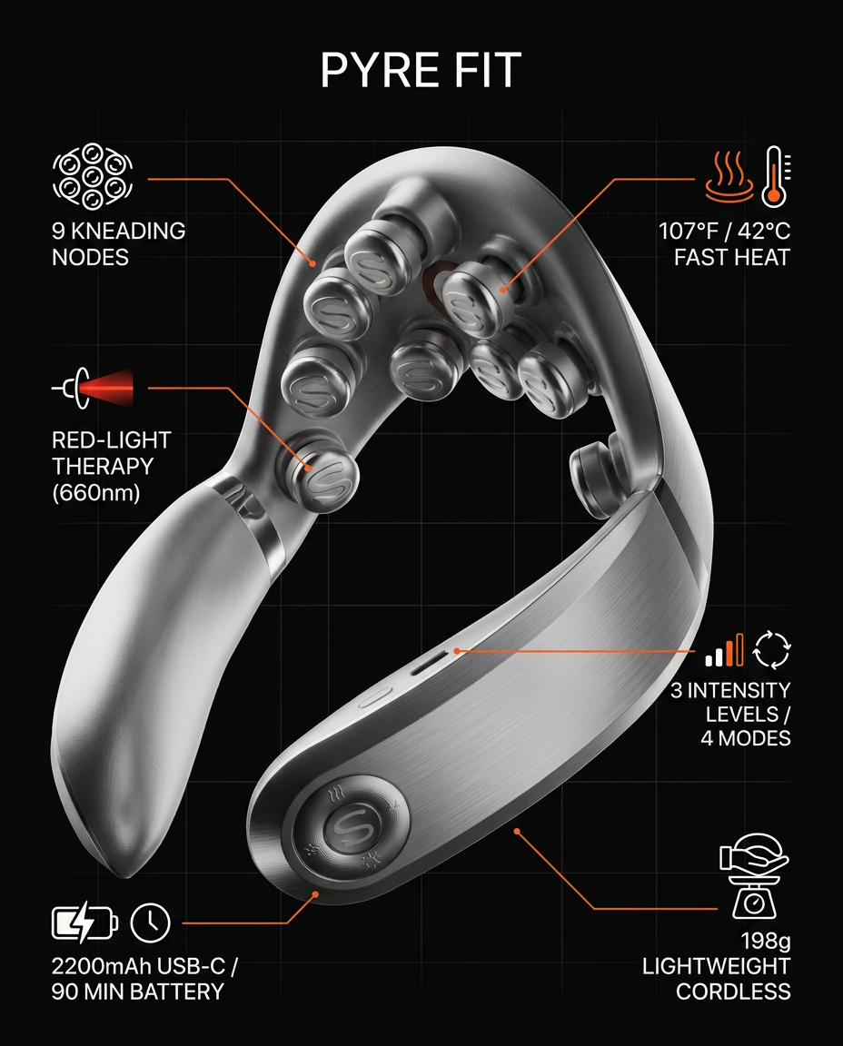 Tech specs infographic for the heated neck massager features and battery
