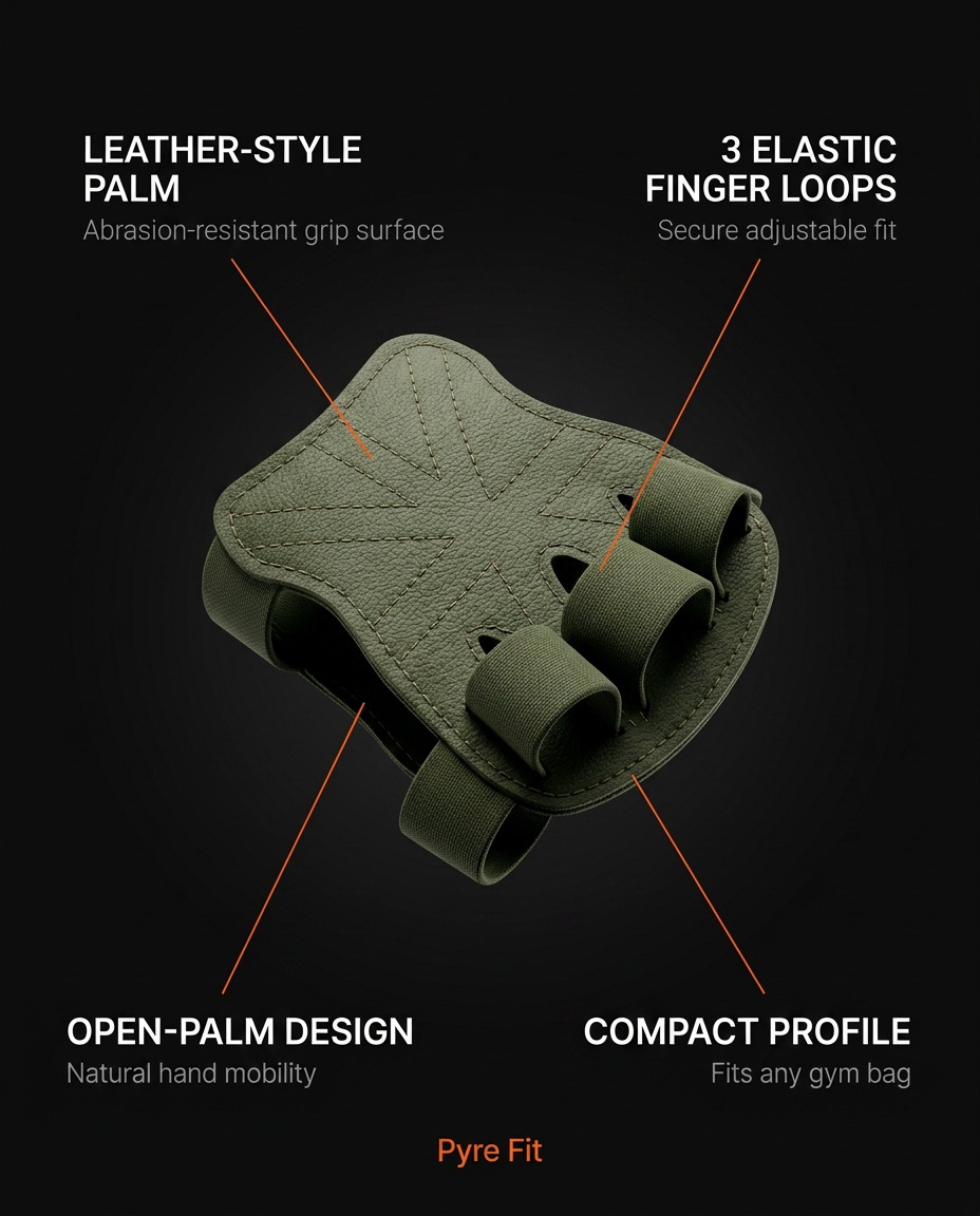 Grip pad tech specs infographic with leather palm and finger loop callouts