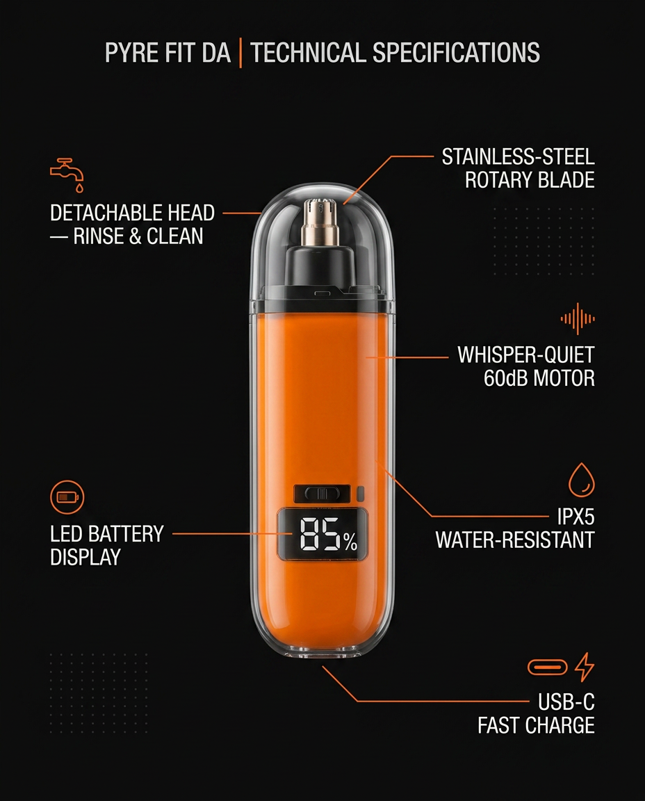 Tech specs infographic for the orange nose and ear trimmer with labeled features