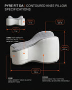 Knee pillow specs with dimensions, memory foam core and washable cover